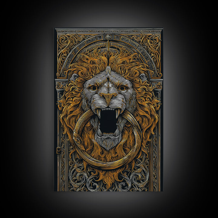 Ornate Lion Door Knocker Canvas Gold Canvas Print with Real Wood Frame – Luxury Victorian Style Wall Decor