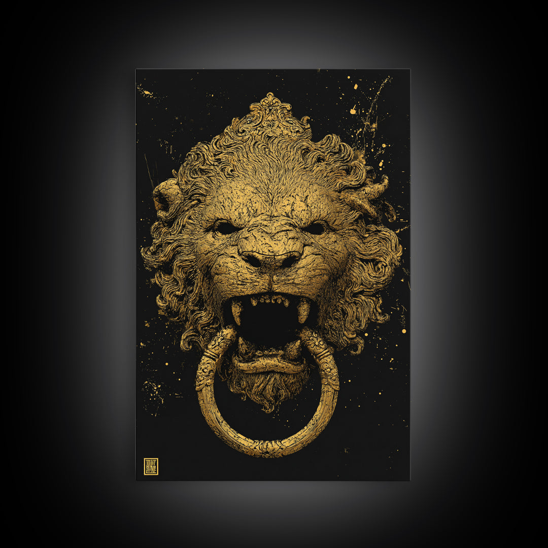Aged Lion Door Knocker Canvas Gold Art Print with Real Wood Frame – Rustic Antique-Inspired Home Wall Art
