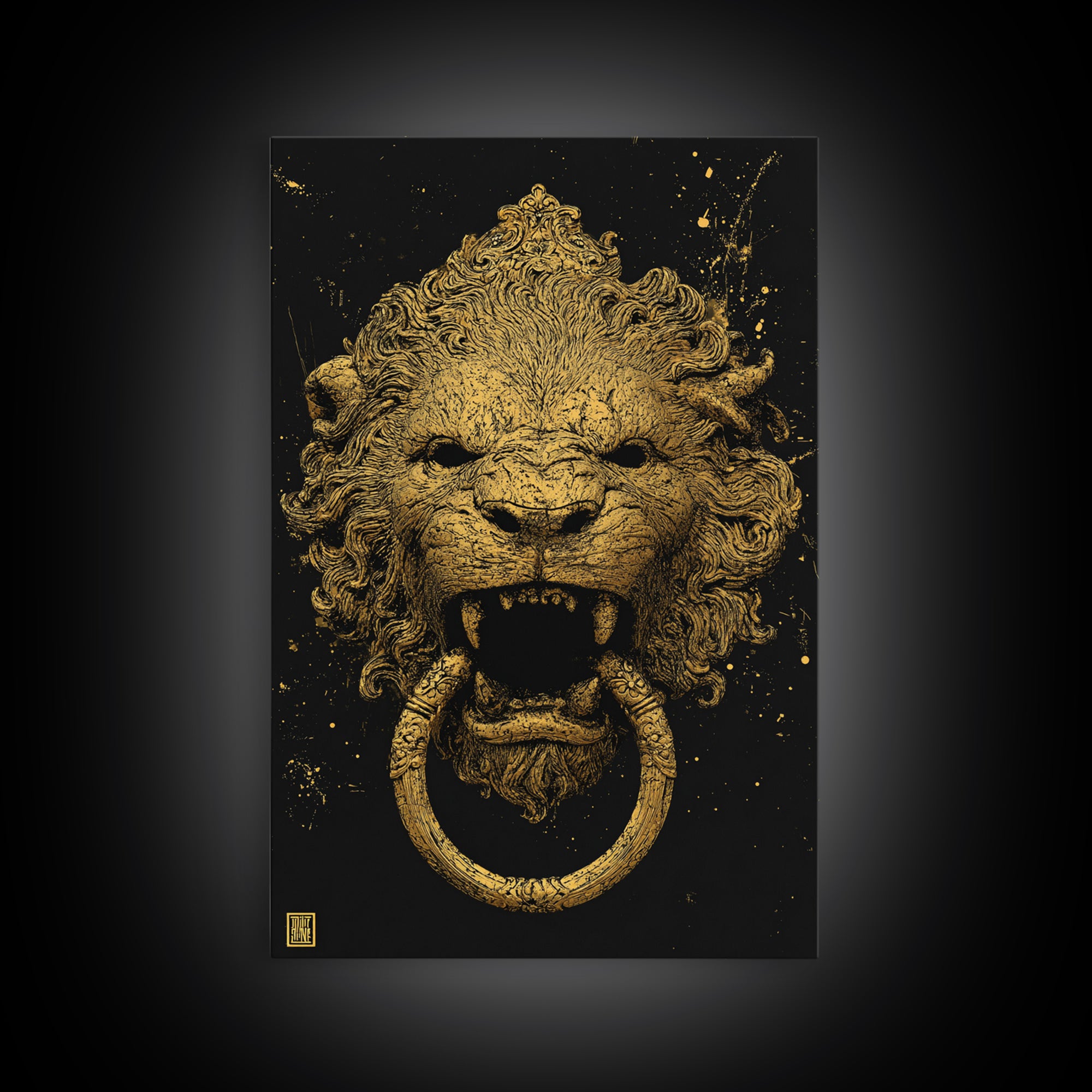 Aged Lion Door Knocker Canvas Gold Art Print with Real Wood Frame – Rustic Antique-Inspired Home Wall Art