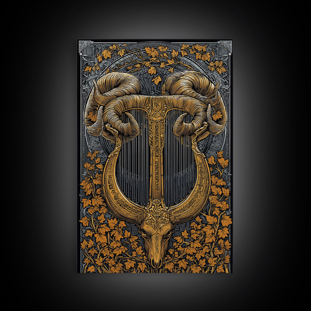 Ram Horn Lyre Canvas Gold Canvas Print with Real Wood Frame – Mythic Musical Instrument Wall Decor