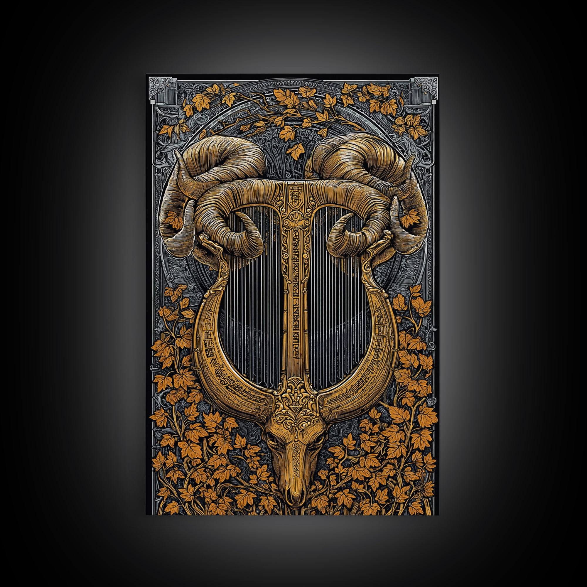 Ram Horn Lyre Canvas Gold Canvas Print with Real Wood Frame – Mythic Musical Instrument Wall Decor