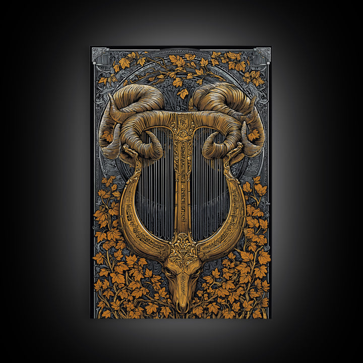 Ram Horn Lyre Canvas Gold Canvas Print with Real Wood Frame – Mythic Musical Instrument Wall Decor