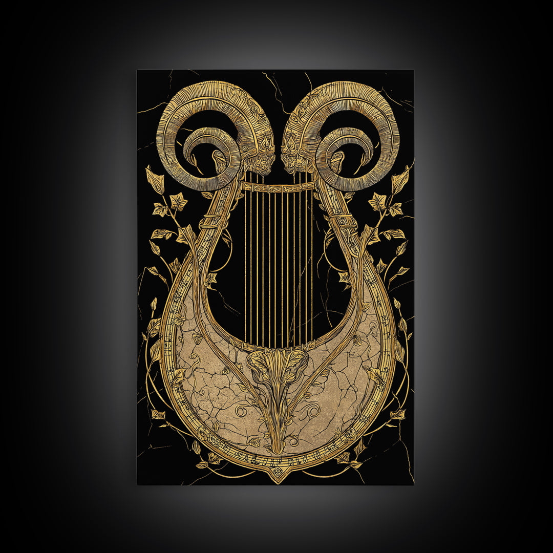 Ancient Ram Horn Lyre Canvas Gold Art Print with Real Wood Frame – Classical Mythology Inspired Wall Art