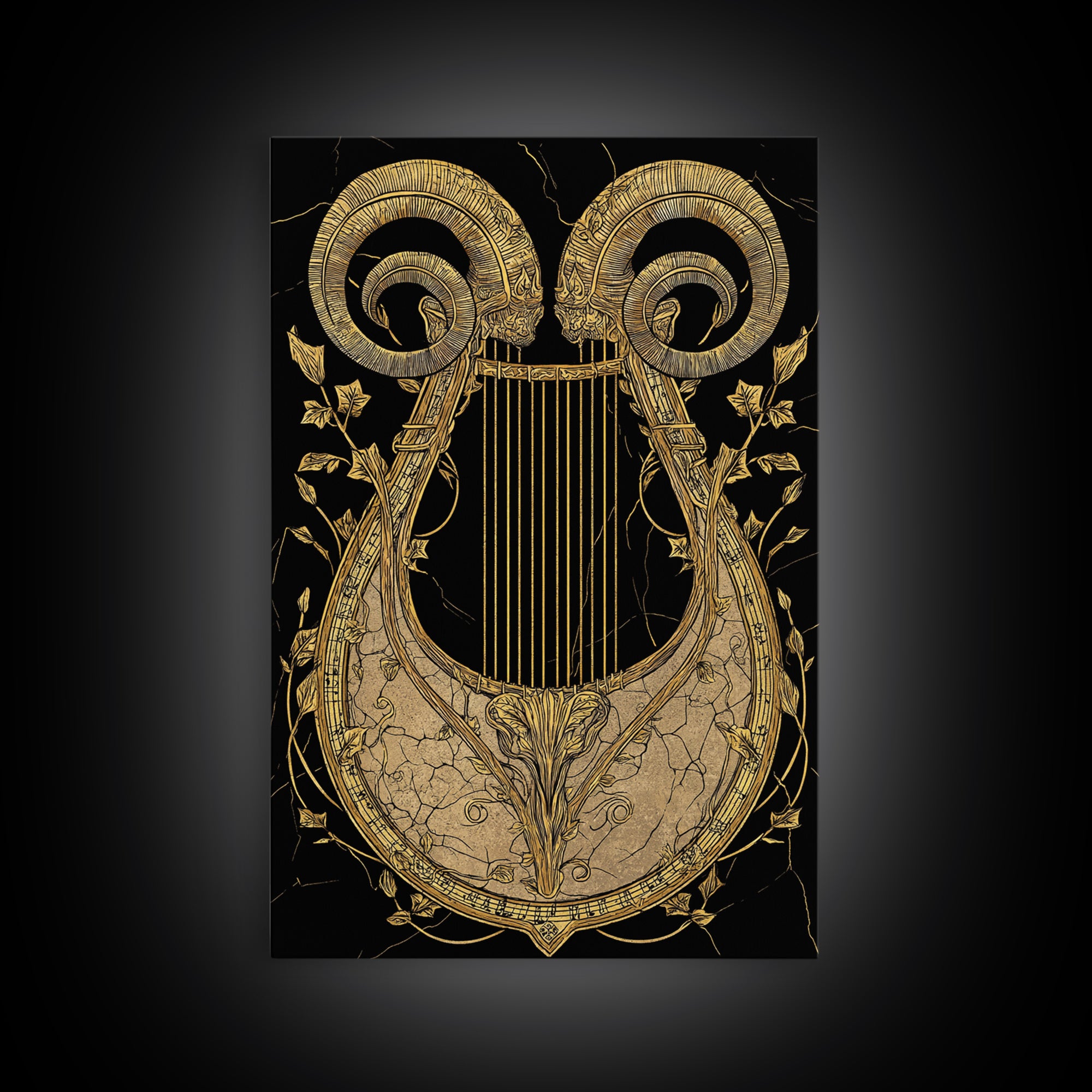 Ancient Ram Horn Lyre Canvas Gold Art Print with Real Wood Frame – Classical Mythology Inspired Wall Art