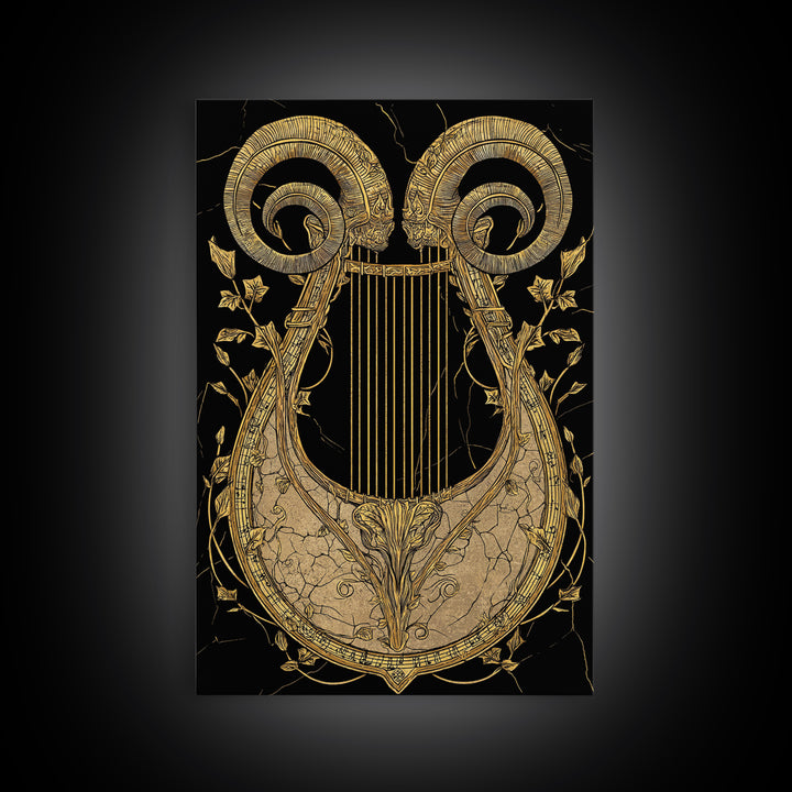 Ancient Ram Horn Lyre Canvas Gold Art Print with Real Wood Frame – Classical Mythology Inspired Wall Art