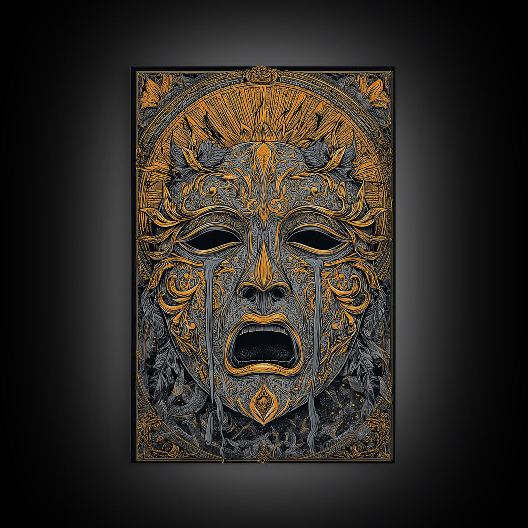 Crying Ornate Mask Canvas Gold Canvas Print with Real Wood Frame – Dramatic Theatrical Inspired Wall Art