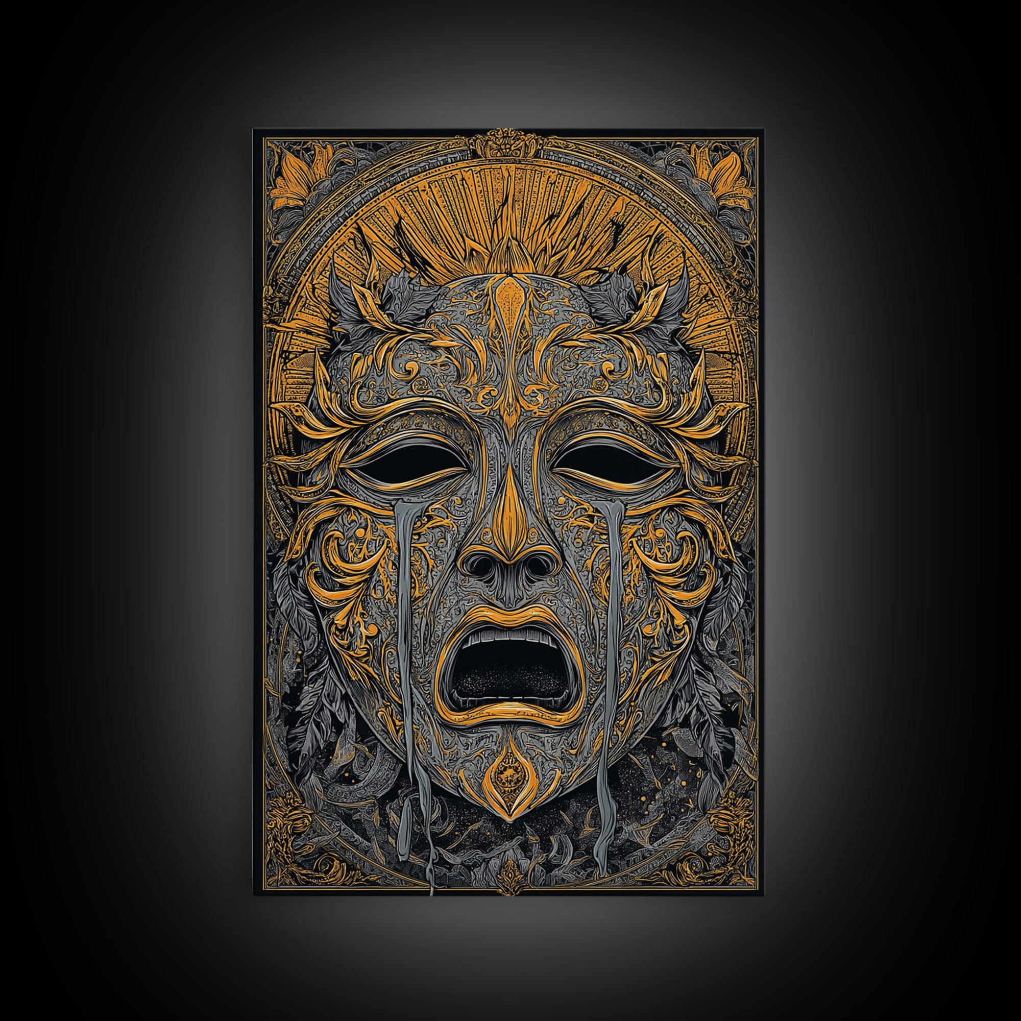 Crying Ornate Mask Canvas Gold Canvas Print with Real Wood Frame – Dramatic Theatrical Inspired Wall Art