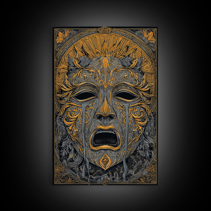 Crying Ornate Mask Canvas Gold Canvas Print with Real Wood Frame – Dramatic Theatrical Inspired Wall Art