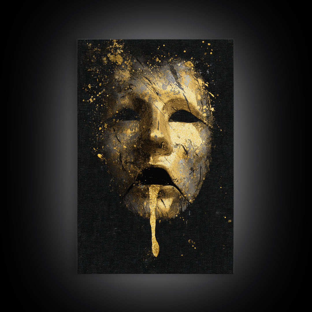 Abstract Gold-Drip Mask Canvas Gold Art Print with Real Wood Frame – Modern Surreal Face Wall Decor