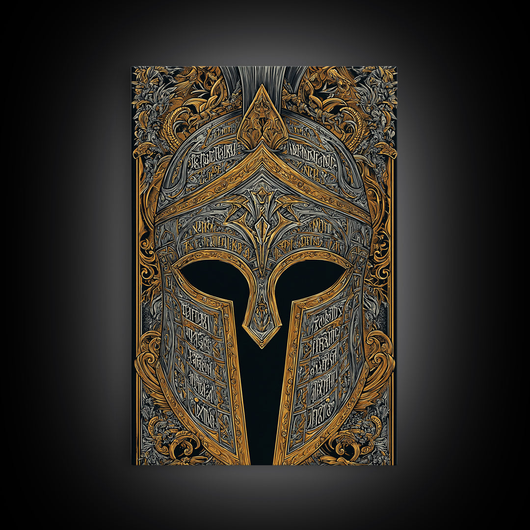 Fantasy Spartan Helmet with Dragon Ornament – Canvas Gold Art, Elaborate Canvas Art Print, Ancient Warrior Wall Decoration
