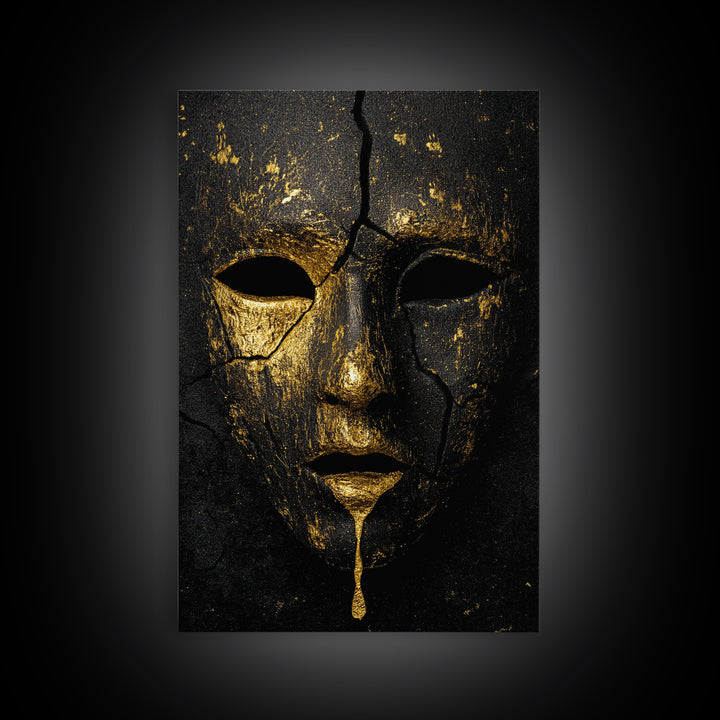 Cracked Gold Mask Canvas Gold Canvas Print with Real Wood Frame – Dark Dramatic Statement Wall Art