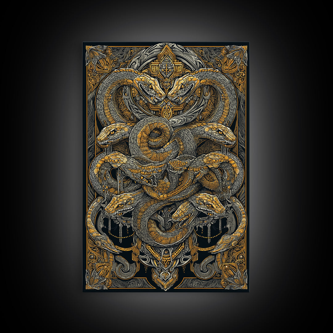 The Serpent Conclave – A Tangled Reign of Golden Scales, Canvas Art, Canvas Gold Print, Canvas Wall Art, Man Cave Decor