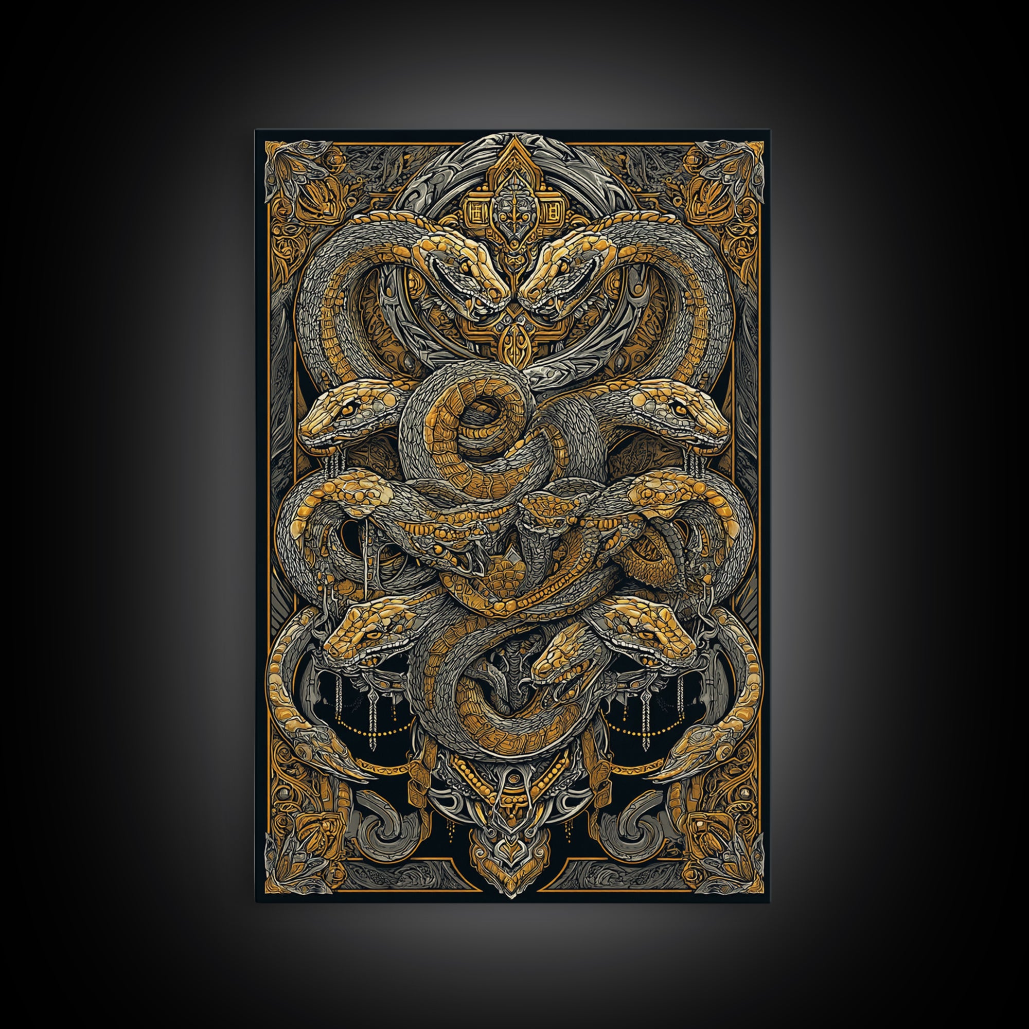 The Serpent Conclave – A Tangled Reign of Golden Scales, Canvas Art, Canvas Gold Print, Canvas Wall Art, Man Cave Decor