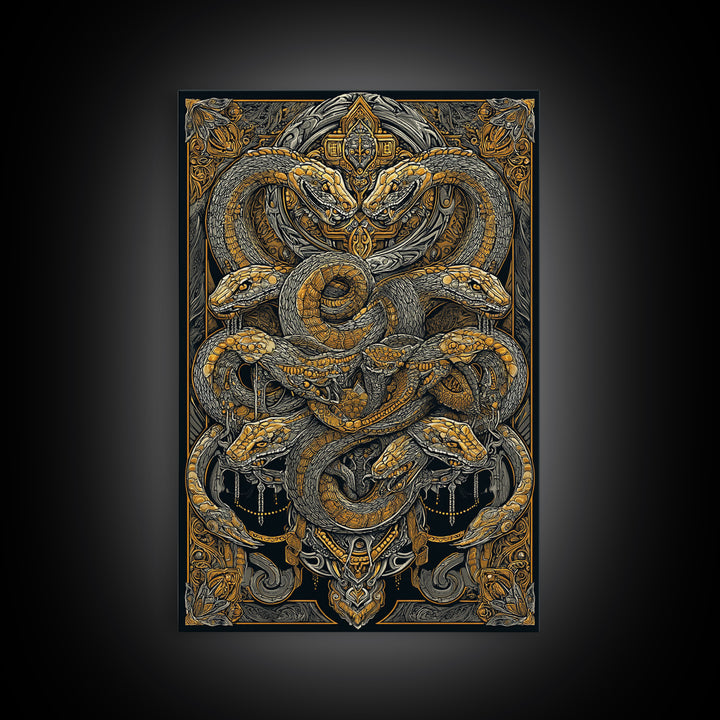 The Serpent Conclave – A Tangled Reign of Golden Scales, Canvas Art, Canvas Gold Print, Canvas Wall Art, Man Cave Decor