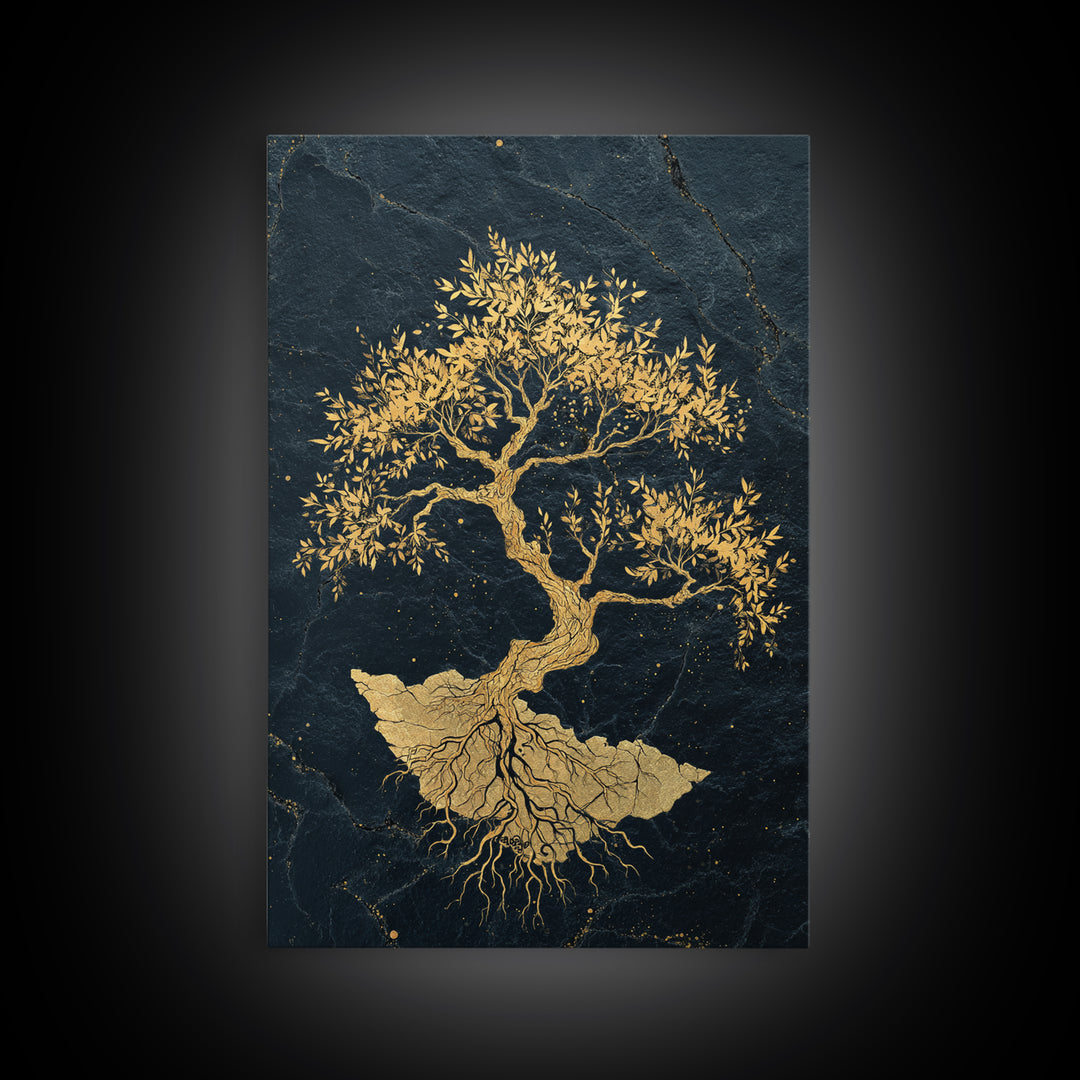 The Gilded Bonsai – Roots Anchored in Stone and Time, Canvas Art, Canvas Gold Print, Canvas Wall Art, Man Cave Decor