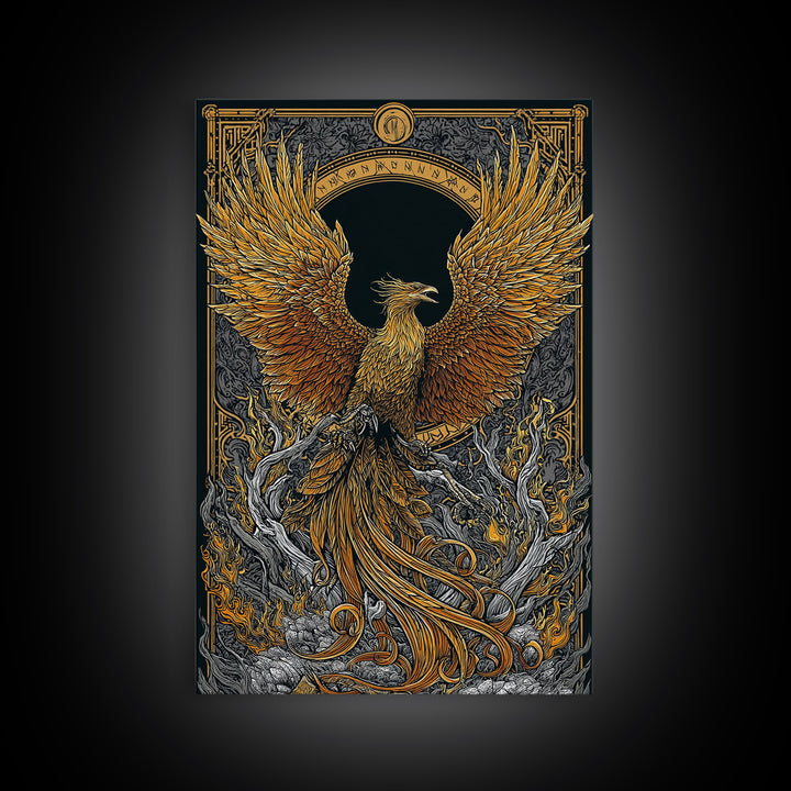 Phoenix Ascendant – Flames and Feathers of Rebirth, Canvas Art, Canvas Gold Print, Canvas Wall Art, Man Cave Decor