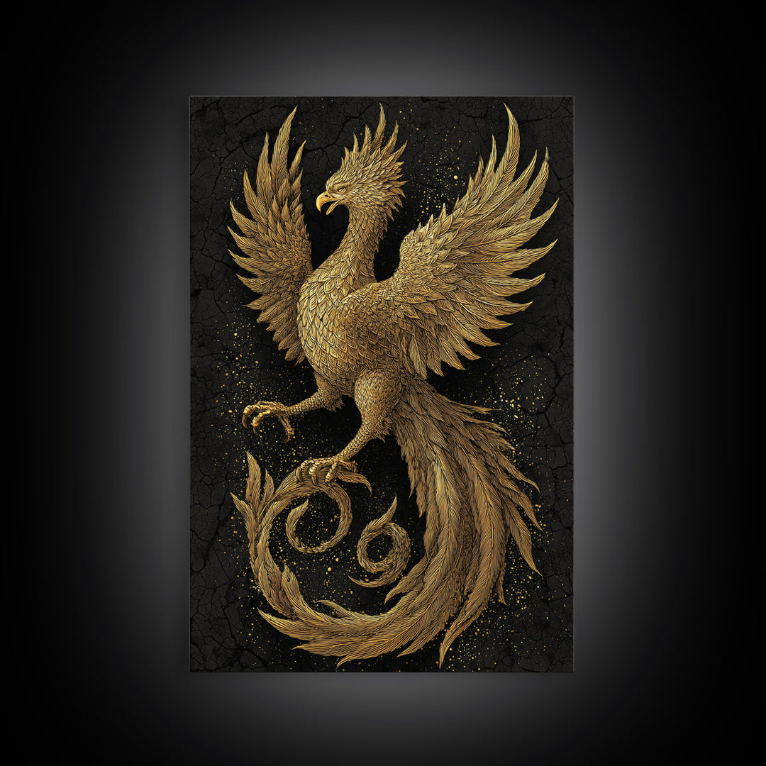 Golden Phoenix in Flight – A Herald of Renewal, Canvas Art, Canvas Gold Print, Canvas Wall Art, Man Cave Decor