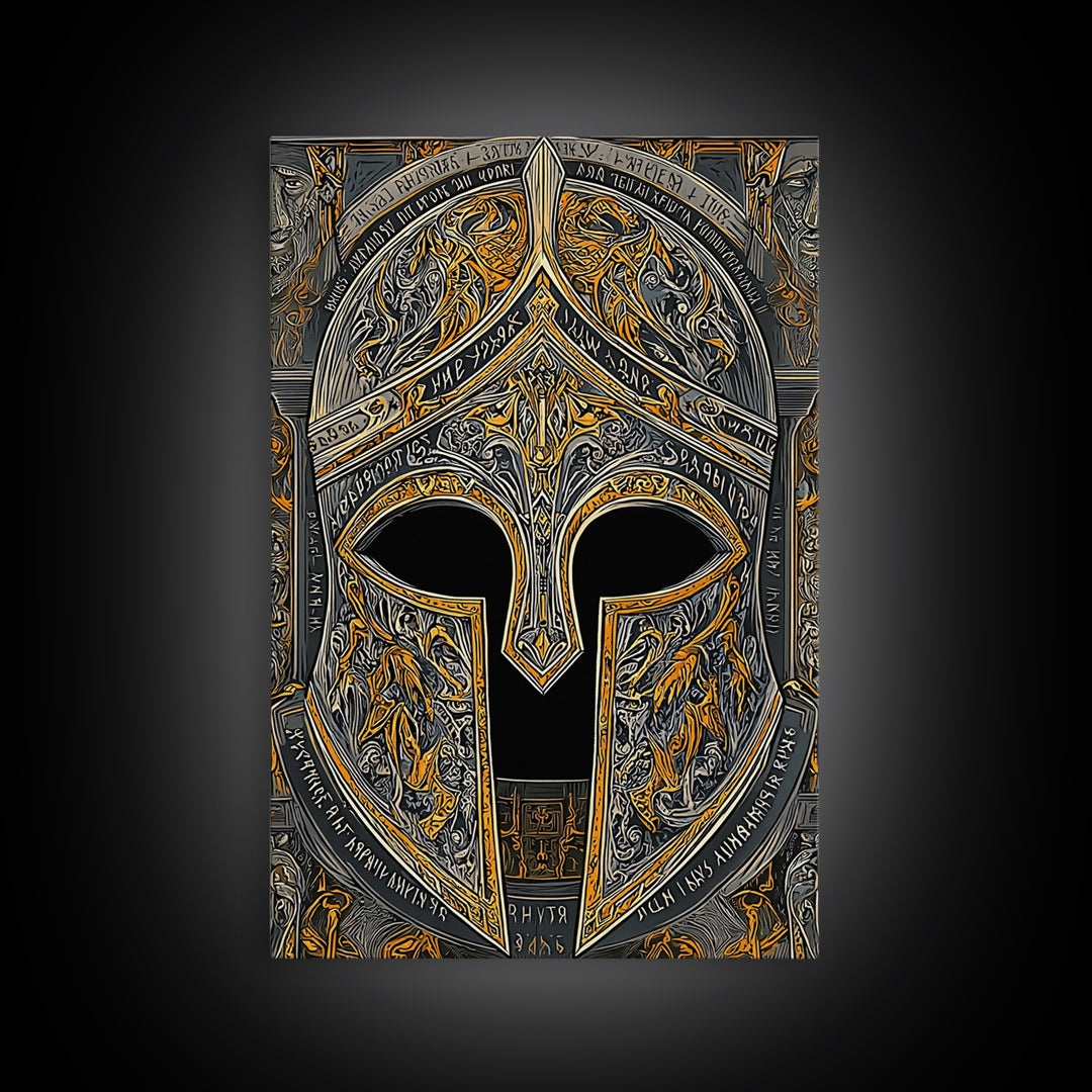 Fiery Engraved Spartan Helmet Wall Print – Canvas Gold Art, Lavish Historical Helmet Canvas Art, Classic War Decor