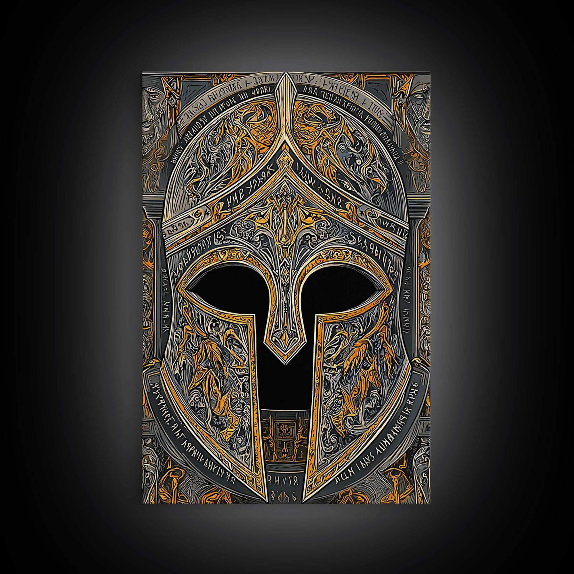 Fiery Engraved Spartan Helmet Wall Print – Canvas Gold Art, Lavish Historical Helmet Canvas Art, Classic War Decor
