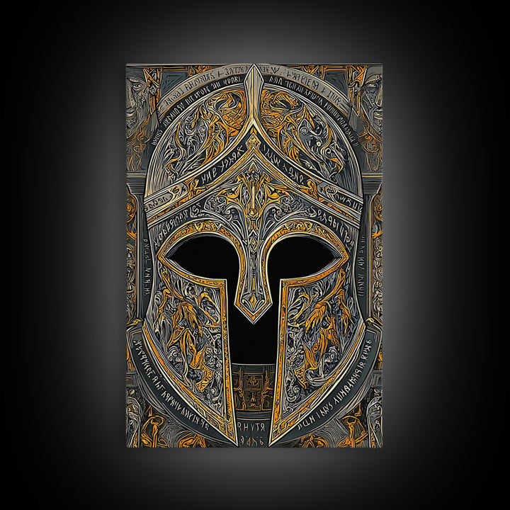 Fiery Engraved Spartan Helmet Wall Print – Canvas Gold Art, Lavish Historical Helmet Canvas Art, Classic War Decor