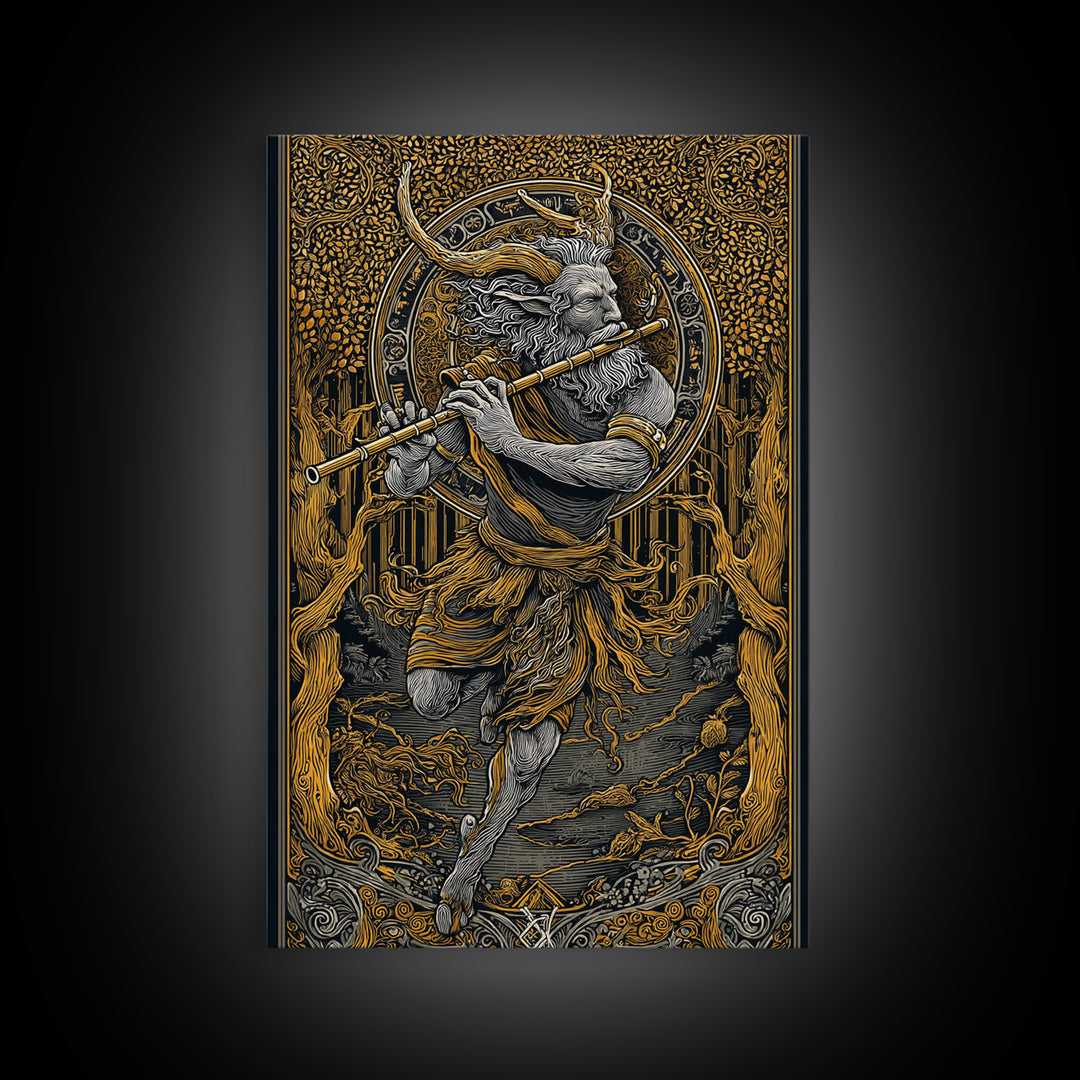 Pan’s Lament – The Wild God’s Song Through the Golden Grove, Canvas Art, Canvas Gold Print, Canvas Wall Art, Man Cave Decor