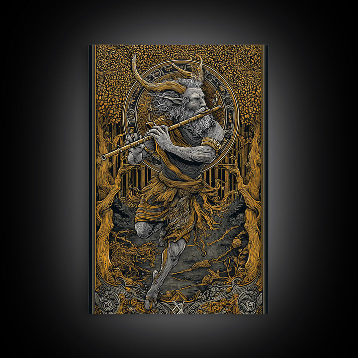Pan’s Lament – The Wild God’s Song Through the Golden Grove, Canvas Art, Canvas Gold Print, Canvas Wall Art, Man Cave Decor