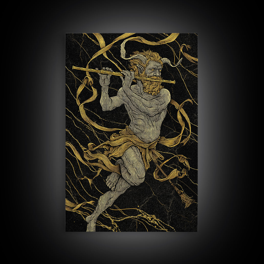 Greek God Pan Playing Flute – Canvas Gold Canvas Print – Mythology Wall Art with Real Wood Frame for Classical Home Decor