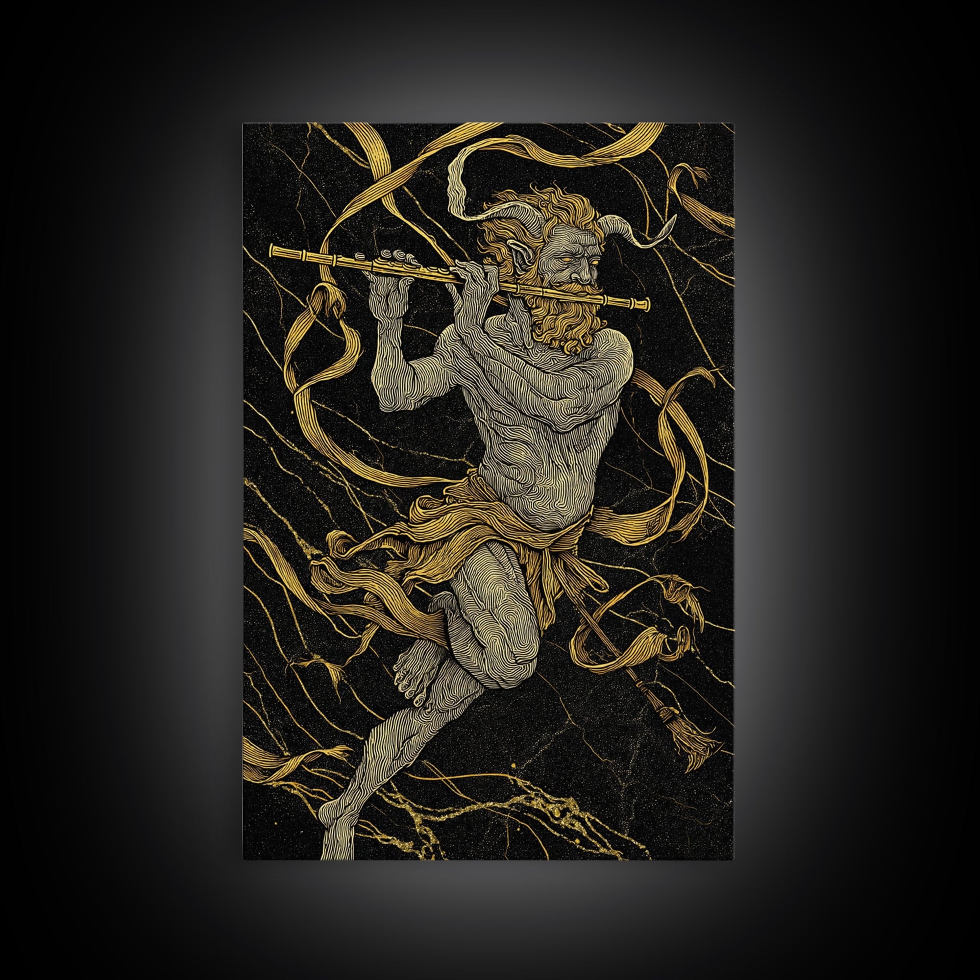 Greek God Pan Playing Flute – Canvas Gold Canvas Print – Mythology Wall Art with Real Wood Frame for Classical Home Decor