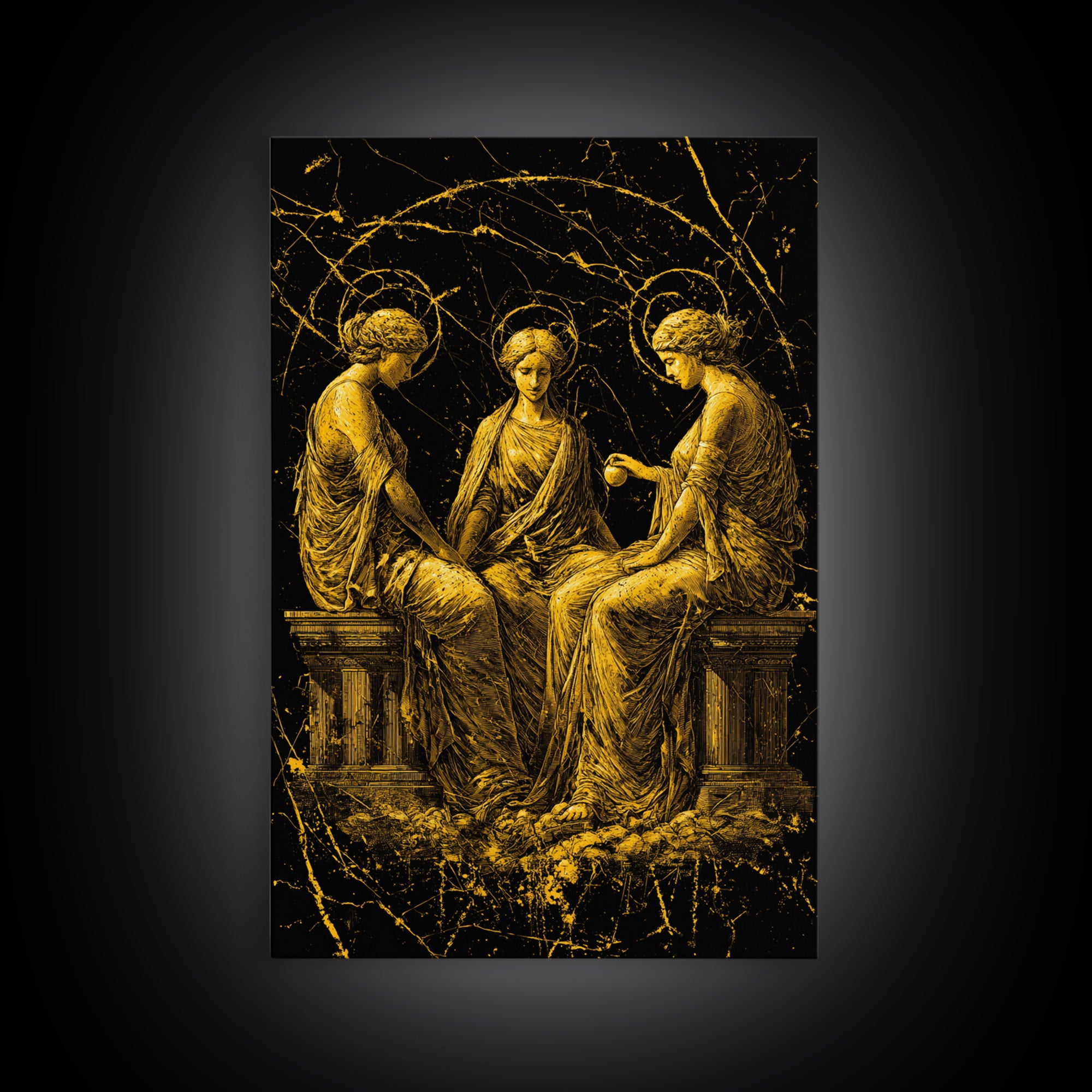 The Three Graces – Canvas Gold Canvas Print – Greek Goddess Wall Art with Real Wood Frame for Elegant Classical Room Decor