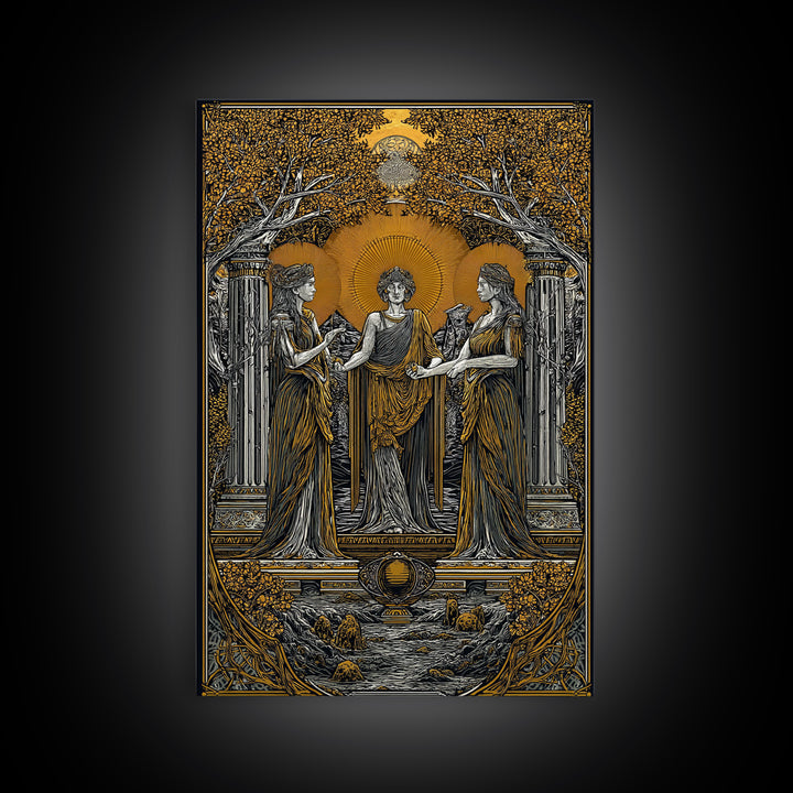 Greek Goddesses in Golden Garden – Canvas Gold Canvas Print – Classical Mythology Wall Art with Real Wood Frame