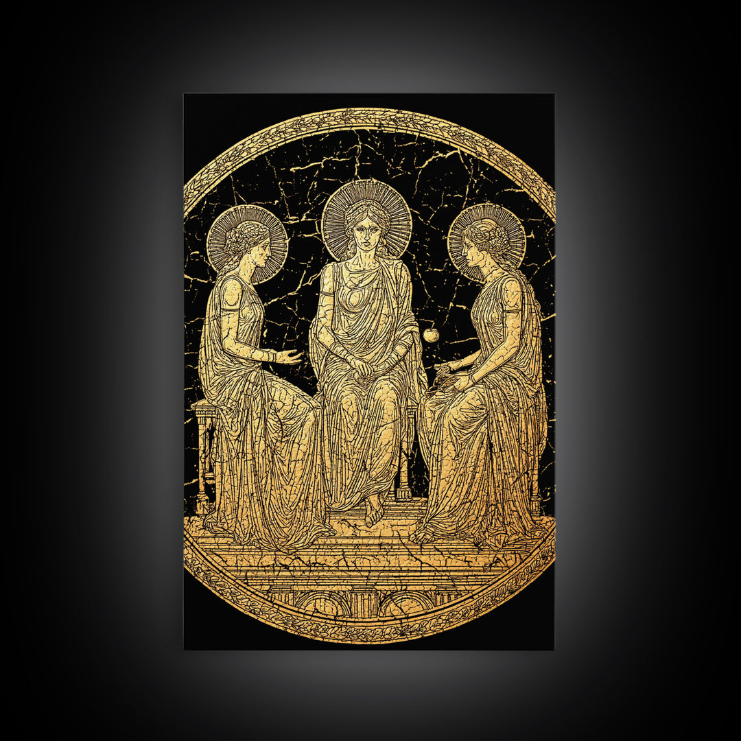 Golden Three Goddesses – Canvas Gold Canvas Print – Classical Greek Wall Art with Real Wood Frame for Mythology Lovers