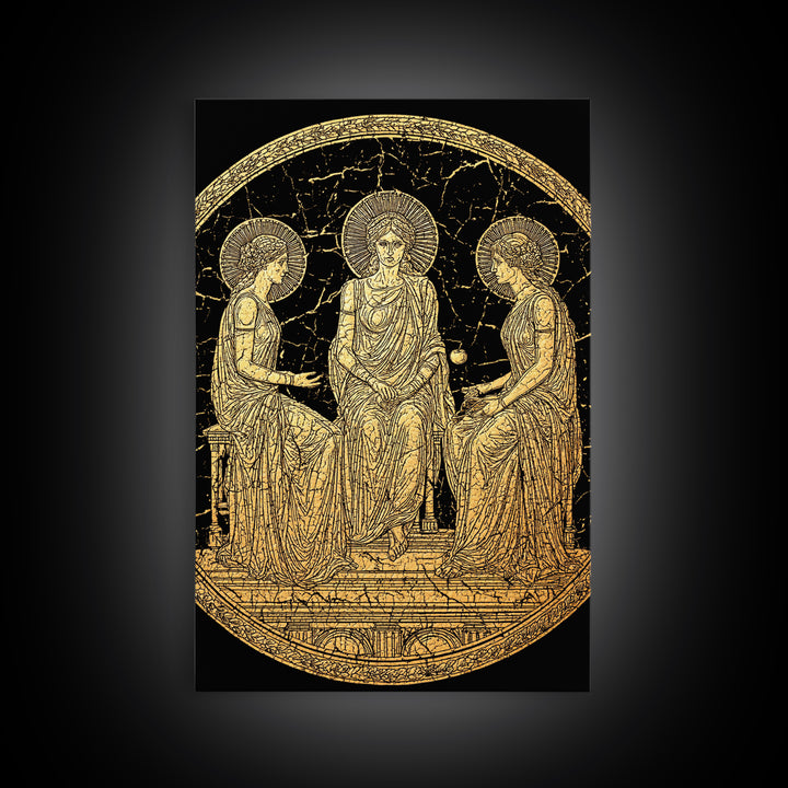 Golden Three Goddesses – Canvas Gold Canvas Print – Classical Greek Wall Art with Real Wood Frame for Mythology Lovers