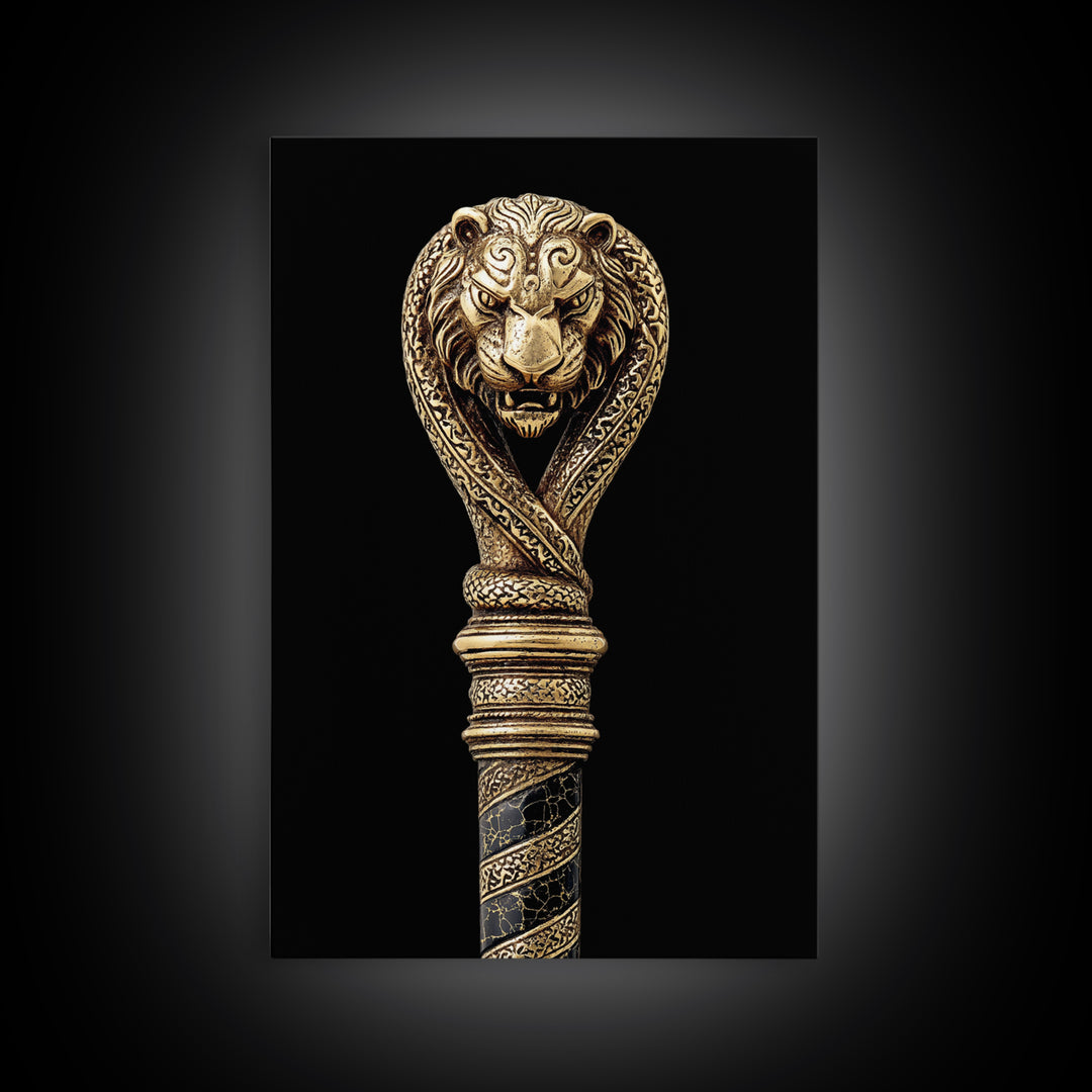 Lion and Serpent Staff Head – Canvas Gold Canvas Print – Ancient Weapon Design Art with Real Wood Frame for Bold Wall Decor