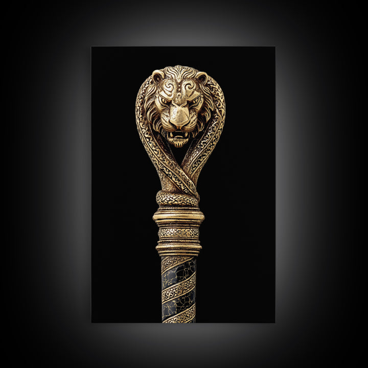 Lion and Serpent Staff Head – Canvas Gold Canvas Print – Ancient Weapon Design Art with Real Wood Frame for Bold Wall Decor