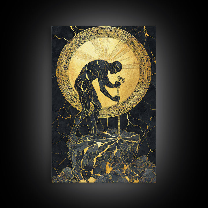 Man with Sword and Sun – Canvas Gold Canvas Print – Heroic Mythology Wall Art with Real Wood Frame for Powerful Home Accent