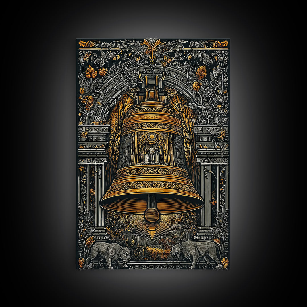 Ornate Golden Bell with Wolves – Canvas Gold Canvas Print – Fantasy Architectural Wall Art with Real Wood Frame