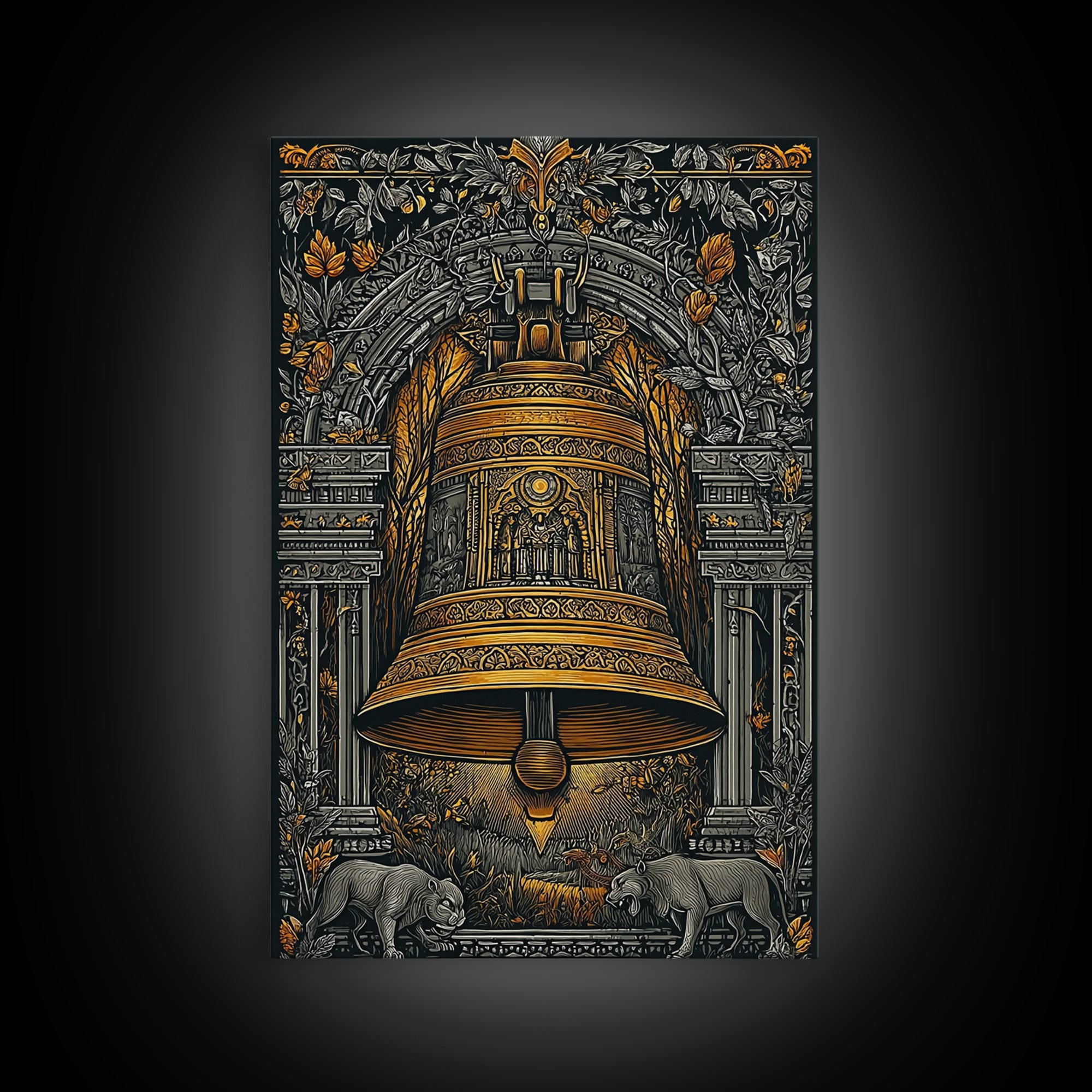 Ornate Golden Bell with Wolves – Canvas Gold Canvas Print – Fantasy Architectural Wall Art with Real Wood Frame