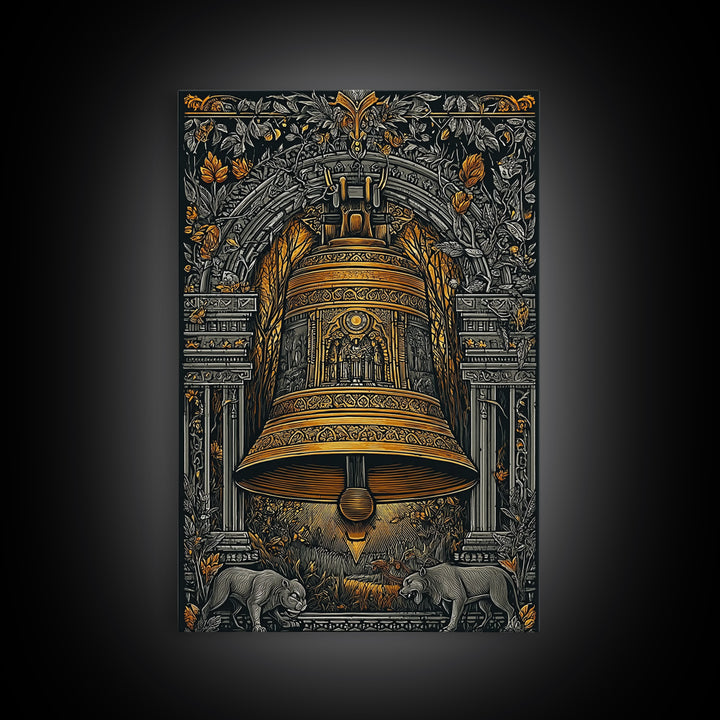 Ornate Golden Bell with Wolves – Canvas Gold Canvas Print – Fantasy Architectural Wall Art with Real Wood Frame