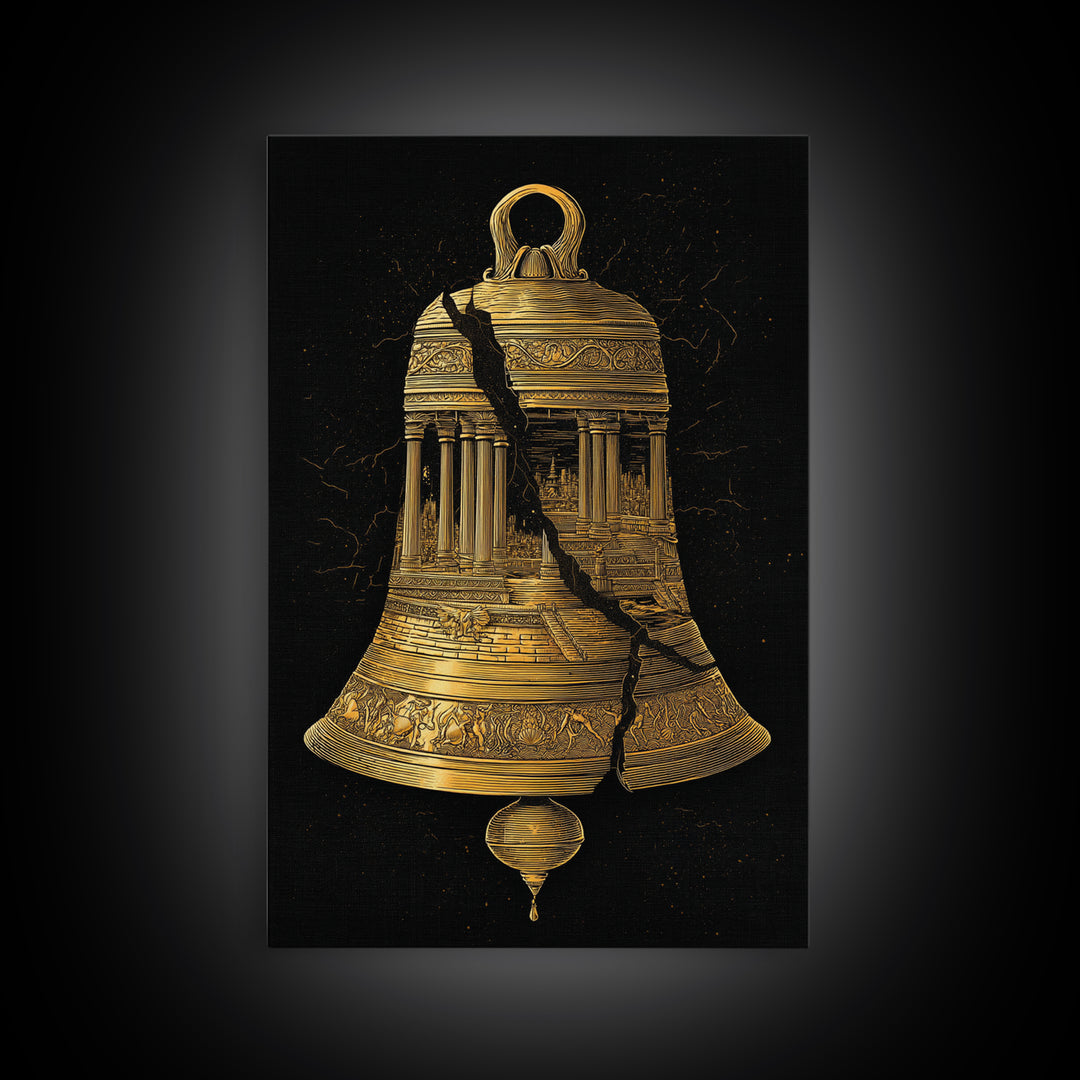 Cracked Temple Bell – Canvas Gold Canvas Print – Ancient Ruins Wall Art with Real Wood Frame for History and Myth Lovers