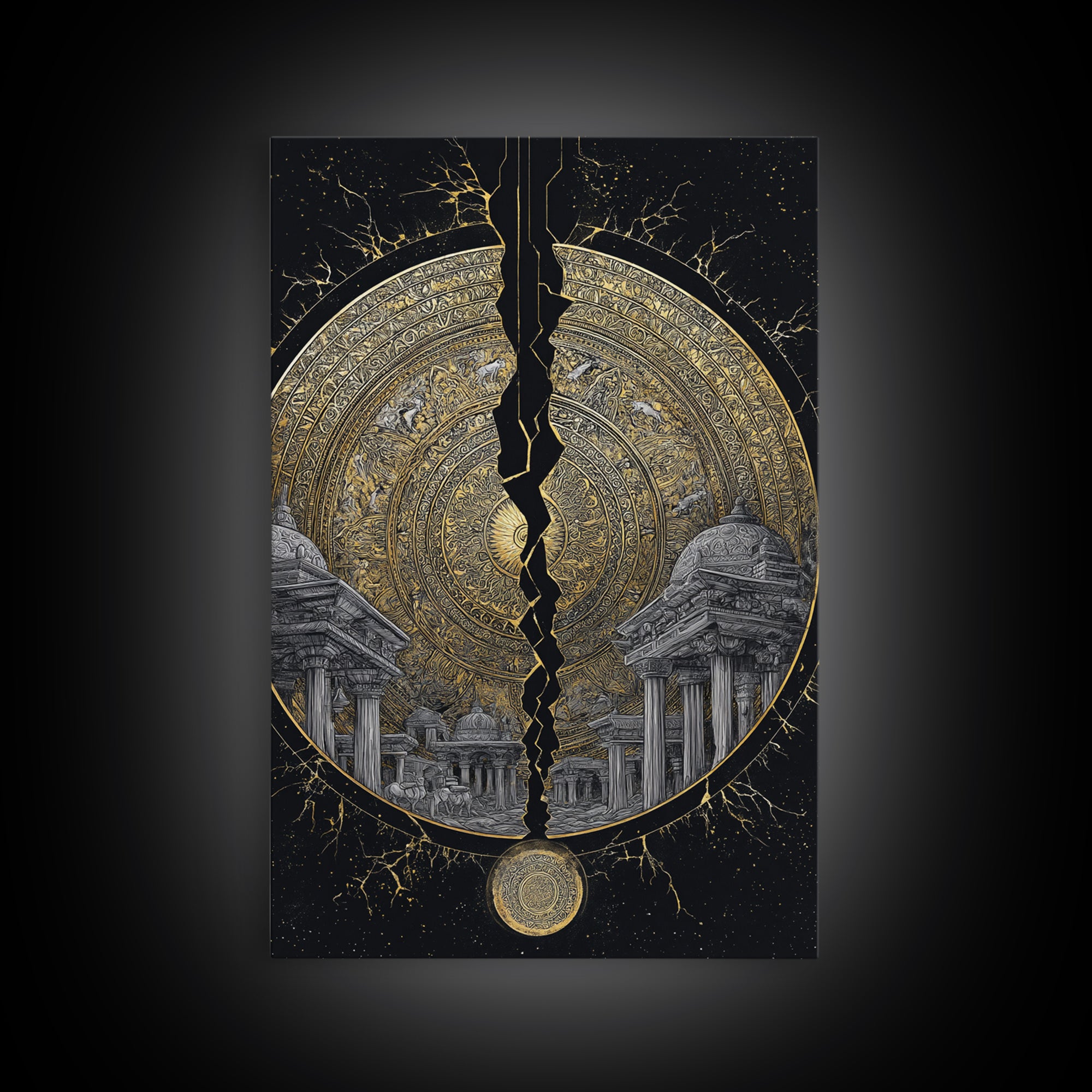 Cracked Golden Mandala Temple – Canvas Gold Canvas Print – Intricate Ancient Architecture Wall Art with Real Wood Frame
