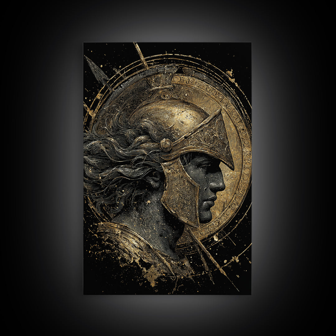 Greek Warrior Profile, Canvas Gold Canvas Print, Ancient Mythology Wall Art, Real Wood Frame Decor, Luxury Hero Artwork