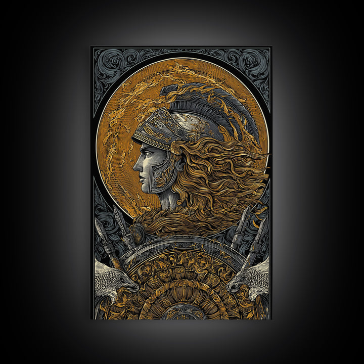 Athena Greek Goddess, Canvas Gold Art, Warrior Helmet Canvas Print, Real Wood Frame Decor, Ancient Mythology Wall Artwork