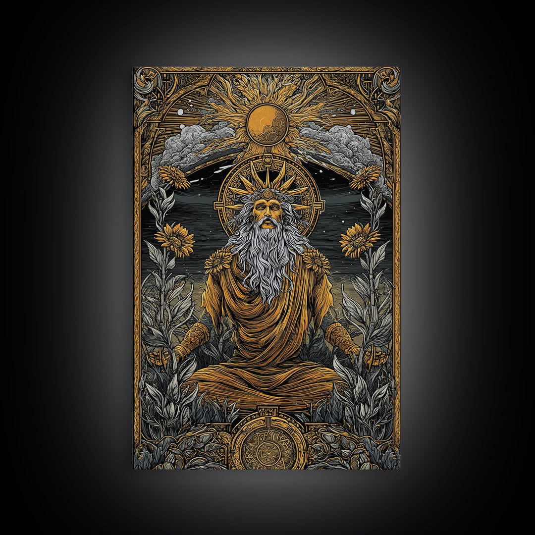 Greek Sun God Illustration, Canvas Gold Canvas Print, Mythology Wall Art, Real Wood Frame Decor, Luxury Ancient Artwork
