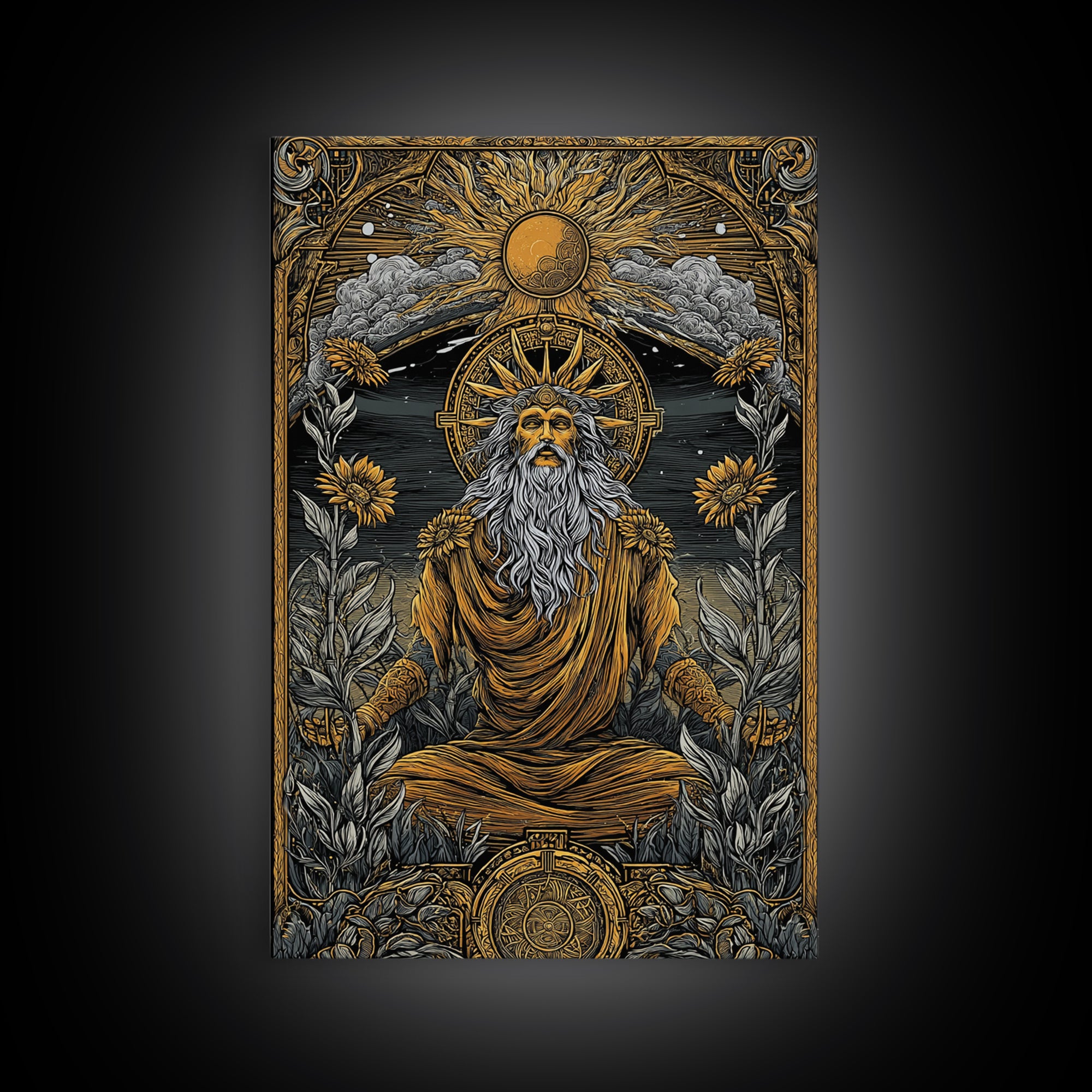 Greek Sun God Illustration, Canvas Gold Canvas Print, Mythology Wall Art, Real Wood Frame Decor, Luxury Ancient Artwork