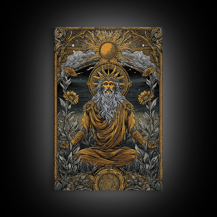 Greek Sun God Illustration, Canvas Gold Canvas Print, Mythology Wall Art, Real Wood Frame Decor, Luxury Ancient Artwork