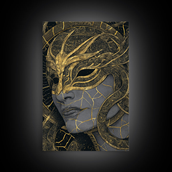 Ananke Mythological Canvas Gold Canvas Print, Greek Goddess Of Inevitability Artwork, Real Wood Frame Wall Art Decoration