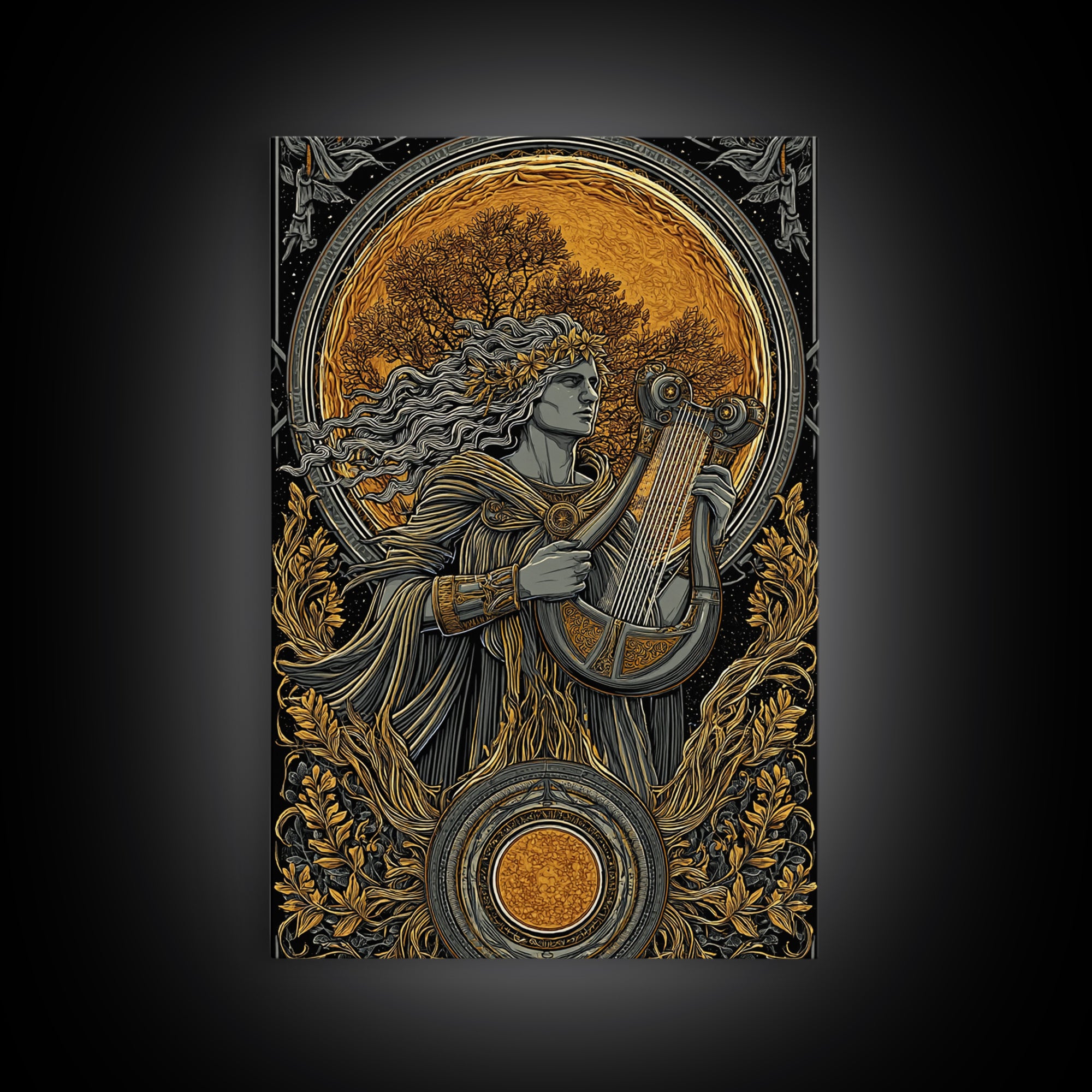 Apollo Greek God Canvas Gold Canvas Print, Sun And Music Mythology Inspired Artwork, Real Wood Frame Classical Wall Decor