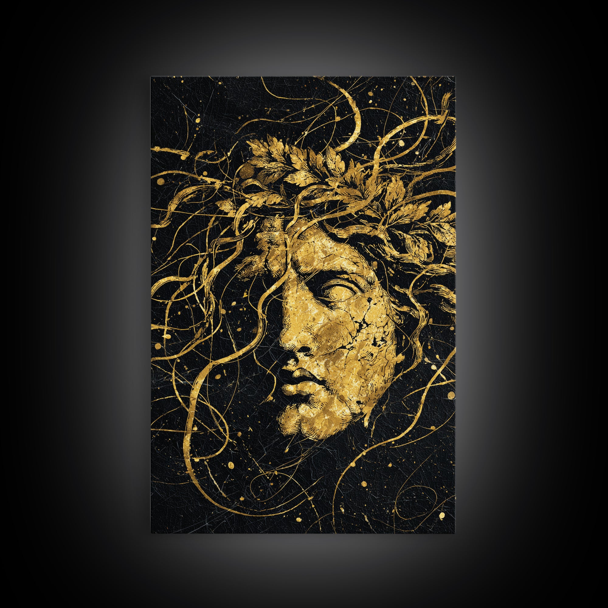 Apollo Greek Statue Canvas Gold Canvas Print, Mythological Music And Light Inspired Art, Real Wood Framed Wall Decoration