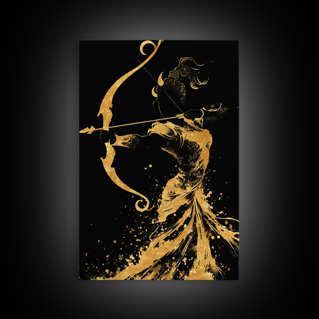 Artemis Goddess Canvas Gold Canvas Print, Greek Mythology Archer Huntress Artwork, Real Wood Framed Ancient Decorative Wall Art