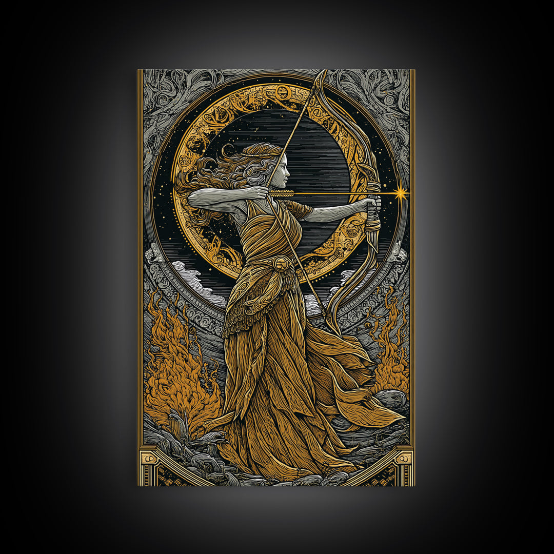 Artemis Greek Goddess Canvas Gold Canvas Print, Bow And Arrow Mythology Inspired Artwork, Real Wood Frame Decorative Wall Art